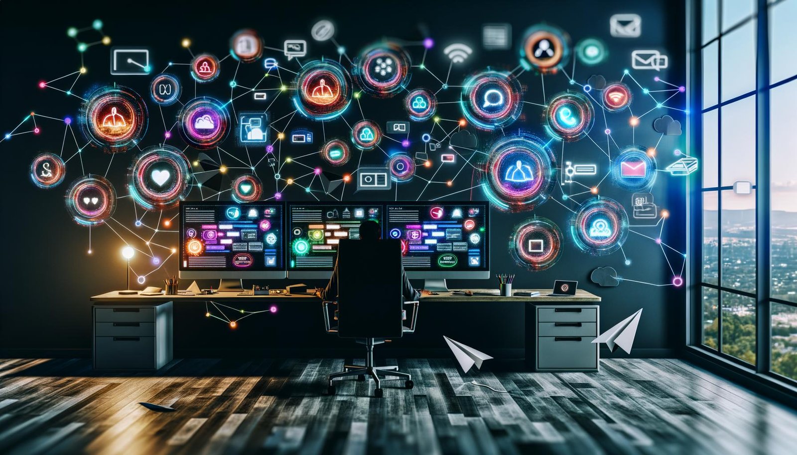 Illustration eines modernen Content Creators vor mehreren Monitoren in einem futuristischen Homeoffice, umgeben von bunten Dashboards, Vernetzungen und schwebenden Icons für Monetarisierung, Community und Payment.