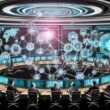 Futuristischer digitaler Kontrollraum mit Touchscreens, Hologrammen und vielfältigen Kreativen, die vernetzte Daten zur Content-Erstellung, Community und Monetarisierung analysieren