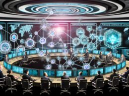 Futuristischer digitaler Kontrollraum mit Touchscreens, Hologrammen und vielfältigen Kreativen, die vernetzte Daten zur Content-Erstellung, Community und Monetarisierung analysieren