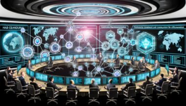 Futuristischer digitaler Kontrollraum mit Touchscreens, Hologrammen und vielfältigen Kreativen, die vernetzte Daten zur Content-Erstellung, Community und Monetarisierung analysieren