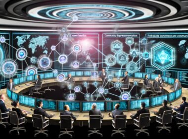 Futuristischer digitaler Kontrollraum mit Touchscreens, Hologrammen und vielfältigen Kreativen, die vernetzte Daten zur Content-Erstellung, Community und Monetarisierung analysieren