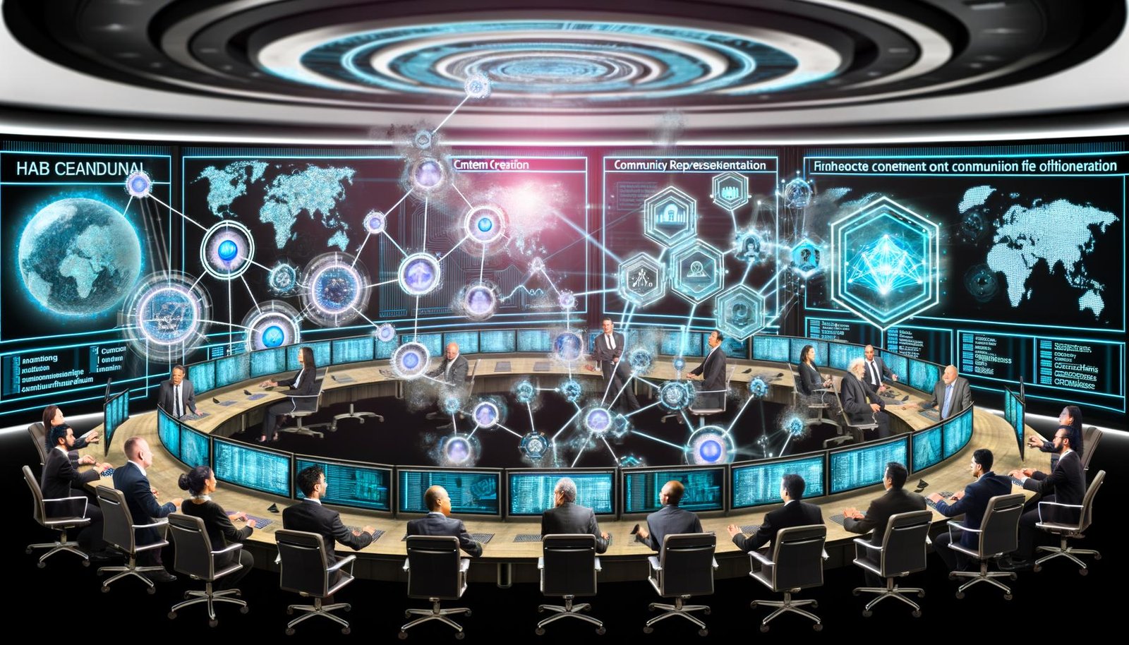 Futuristischer digitaler Kontrollraum mit Touchscreens, Hologrammen und vielfältigen Kreativen, die vernetzte Daten zur Content-Erstellung, Community und Monetarisierung analysieren