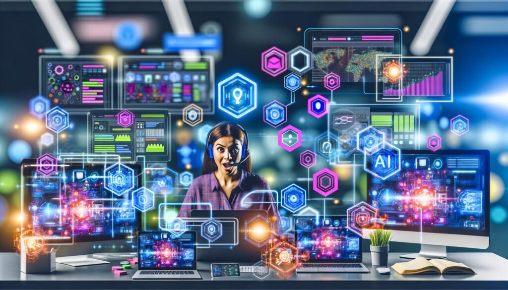 Futuristischer Schreibtisch mit mehreren Monitoren, Dashboards, farbenfrohen Content-Elementen, KI-Symbolen und einer Person mit Headset in moderner digitaler Arbeitsumgebung.