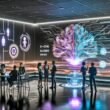 Diverse Geschäftsleute in moderner Umgebung um einen transparenten Screen mit visualisierten KI-Datenströmen und holografischen Schlagworten wie 'KI-Ethik' und 'Machtkontrolle', mit angedeuteten Schatten großer Tech-Firmen im Hintergrund.