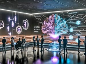 Diverse Geschäftsleute in moderner Umgebung um einen transparenten Screen mit visualisierten KI-Datenströmen und holografischen Schlagworten wie 'KI-Ethik' und 'Machtkontrolle', mit angedeuteten Schatten großer Tech-Firmen im Hintergrund.