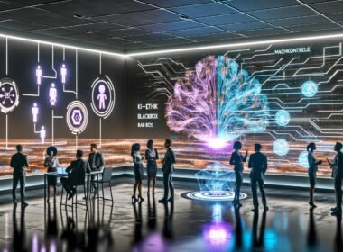 Diverse Geschäftsleute in moderner Umgebung um einen transparenten Screen mit visualisierten KI-Datenströmen und holografischen Schlagworten wie 'KI-Ethik' und 'Machtkontrolle', mit angedeuteten Schatten großer Tech-Firmen im Hintergrund.