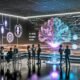 Diverse Geschäftsleute in moderner Umgebung um einen transparenten Screen mit visualisierten KI-Datenströmen und holografischen Schlagworten wie 'KI-Ethik' und 'Machtkontrolle', mit angedeuteten Schatten großer Tech-Firmen im Hintergrund.