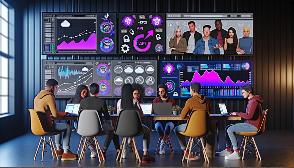 Junge Marketer:innen diskutieren an einem modernen Arbeitsplatz mit großen Monitoren voller Social Media, KPIs und Daten-Visualisierungen. Im Hintergrund technische Symbole wie API-Verbindungen und Datenschutz-Icons.