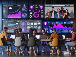 Junge Marketer:innen diskutieren an einem modernen Arbeitsplatz mit großen Monitoren voller Social Media, KPIs und Daten-Visualisierungen. Im Hintergrund technische Symbole wie API-Verbindungen und Datenschutz-Icons.