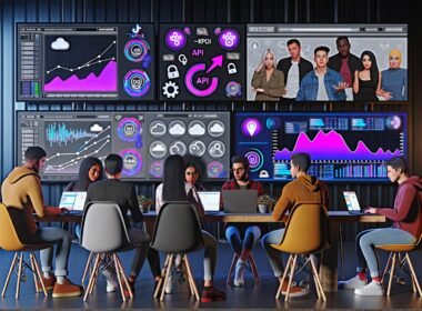 Junge Marketer:innen diskutieren an einem modernen Arbeitsplatz mit großen Monitoren voller Social Media, KPIs und Daten-Visualisierungen. Im Hintergrund technische Symbole wie API-Verbindungen und Datenschutz-Icons.