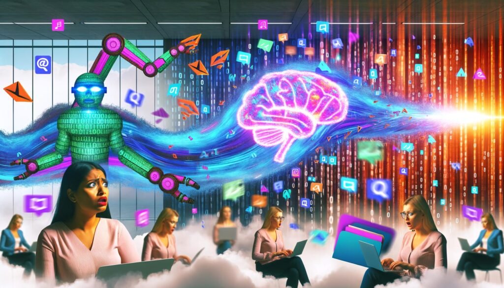 Surreale Collage zeigt ein modernes Großraumbüro mit nervösen Marketern an Laptops, eine Welle aus binärem Code, riesige Roboterarme, die nach Akten und Social-Media-Icons greifen, und ein leuchtendes KI-Gehirn am Bildschirm.