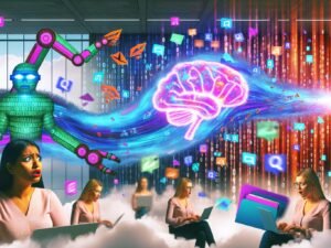 Surreale Collage zeigt ein modernes Großraumbüro mit nervösen Marketern an Laptops, eine Welle aus binärem Code, riesige Roboterarme, die nach Akten und Social-Media-Icons greifen, und ein leuchtendes KI-Gehirn am Bildschirm.