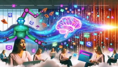Surreale Collage zeigt ein modernes Großraumbüro mit nervösen Marketern an Laptops, eine Welle aus binärem Code, riesige Roboterarme, die nach Akten und Social-Media-Icons greifen, und ein leuchtendes KI-Gehirn am Bildschirm.