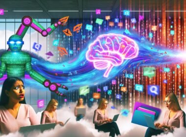 Surreale Collage zeigt ein modernes Großraumbüro mit nervösen Marketern an Laptops, eine Welle aus binärem Code, riesige Roboterarme, die nach Akten und Social-Media-Icons greifen, und ein leuchtendes KI-Gehirn am Bildschirm.