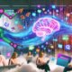 Surreale Collage zeigt ein modernes Großraumbüro mit nervösen Marketern an Laptops, eine Welle aus binärem Code, riesige Roboterarme, die nach Akten und Social-Media-Icons greifen, und ein leuchtendes KI-Gehirn am Bildschirm.