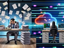 Moderne Büroszene mit frustriertem Marketer am überfüllten Schreibtisch und effizientem Hightech-Arbeitsplatz mit digitalen Dashboards und vernetzten Datenströmen.