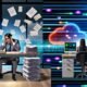 Moderne Büroszene mit frustriertem Marketer am überfüllten Schreibtisch und effizientem Hightech-Arbeitsplatz mit digitalen Dashboards und vernetzten Datenströmen.