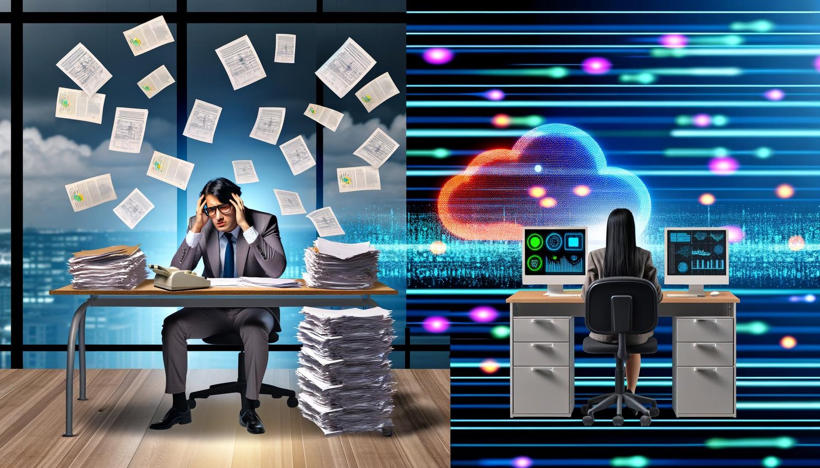 Moderne Büroszene mit frustriertem Marketer am überfüllten Schreibtisch und effizientem Hightech-Arbeitsplatz mit digitalen Dashboards und vernetzten Datenströmen.