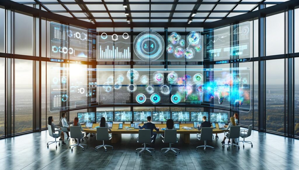 Junges Marketingteam in einem futuristischen, offenen Office analysiert Daten auf großen, transparenten Bildschirmen mit Unterstützung einer schwebenden KI.