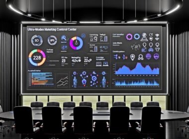 Futuristisches Marketing-Control-Center mit interaktivem Dark-Mode-Dashboard, das KPIs zu SEO, Performance-Marketing und E-Commerce zusammen mit Schnittstellen- und Datenschutz-Symbolen anzeigt.