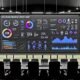 Futuristisches Marketing-Control-Center mit interaktivem Dark-Mode-Dashboard, das KPIs zu SEO, Performance-Marketing und E-Commerce zusammen mit Schnittstellen- und Datenschutz-Symbolen anzeigt.