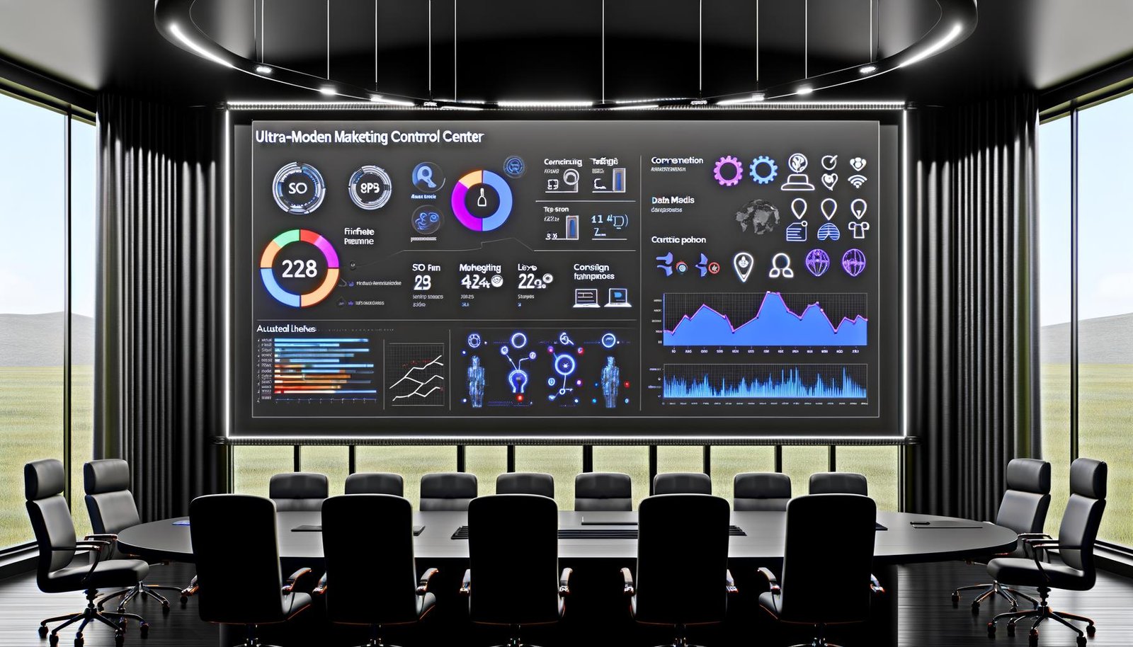 Futuristisches Marketing-Control-Center mit interaktivem Dark-Mode-Dashboard, das KPIs zu SEO, Performance-Marketing und E-Commerce zusammen mit Schnittstellen- und Datenschutz-Symbolen anzeigt.