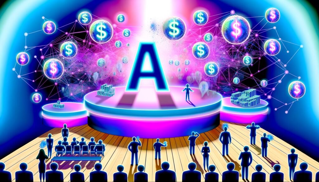 Ironisch inszenierte KI-Bühne mit Neon-Logo, Dollarzeichen, zerplatzenden Seifenblasen, enttäuschten Marketern und Datennetzen in Blau-, Violett- und Pinktönen