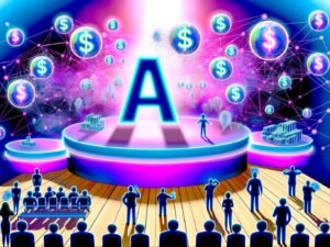 Ironisch inszenierte KI-Bühne mit Neon-Logo, Dollarzeichen, zerplatzenden Seifenblasen, enttäuschten Marketern und Datennetzen in Blau-, Violett- und Pinktönen
