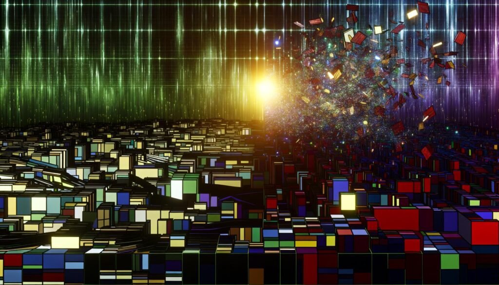 Dramatische Illustration zeigt zerbrochene Tabellen und bunte Dashboard-Fragmente vor einem leuchtenden, robusten Daten-Framework, das Ordnung in die digitale Landschaft bringt.