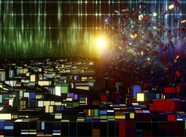 Dramatische Illustration zeigt zerbrochene Tabellen und bunte Dashboard-Fragmente vor einem leuchtenden, robusten Daten-Framework, das Ordnung in die digitale Landschaft bringt.