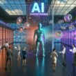 Illustration einer futuristischen Marketing-Abteilung mit stilisierter KI-Figur, umfassendem Daten-Dashboard, bunten Analysen, Menschen in Business-Outfits und dem disruptiven Statement ‚KI übernimmt Marketing‘.