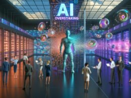 Illustration einer futuristischen Marketing-Abteilung mit stilisierter KI-Figur, umfassendem Daten-Dashboard, bunten Analysen, Menschen in Business-Outfits und dem disruptiven Statement ‚KI übernimmt Marketing‘.