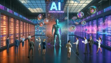 Illustration einer futuristischen Marketing-Abteilung mit stilisierter KI-Figur, umfassendem Daten-Dashboard, bunten Analysen, Menschen in Business-Outfits und dem disruptiven Statement ‚KI übernimmt Marketing‘.