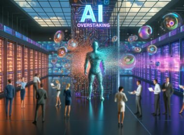 Illustration einer futuristischen Marketing-Abteilung mit stilisierter KI-Figur, umfassendem Daten-Dashboard, bunten Analysen, Menschen in Business-Outfits und dem disruptiven Statement ‚KI übernimmt Marketing‘.