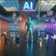 Illustration einer futuristischen Marketing-Abteilung mit stilisierter KI-Figur, umfassendem Daten-Dashboard, bunten Analysen, Menschen in Business-Outfits und dem disruptiven Statement ‚KI übernimmt Marketing‘.