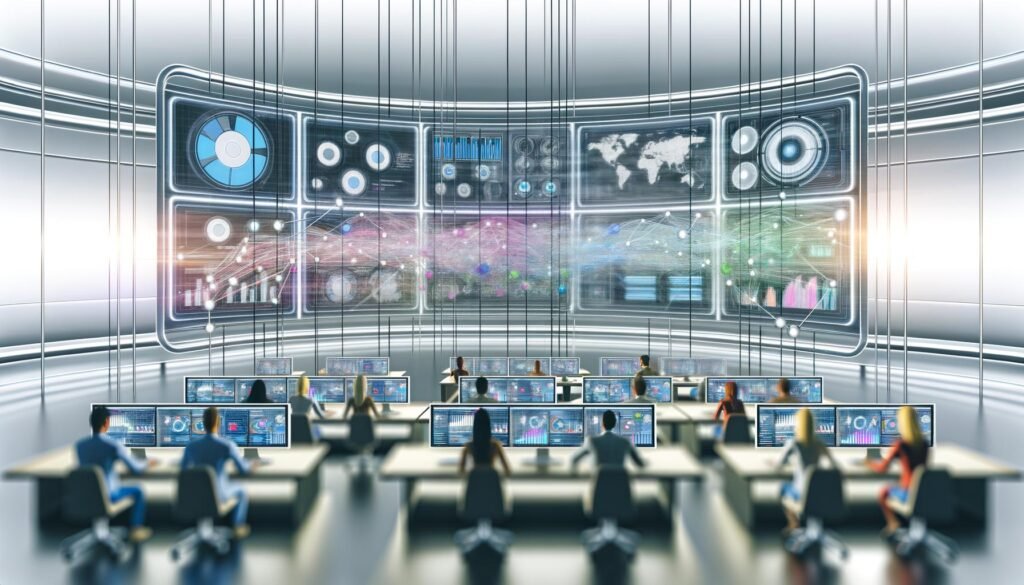 Futuristisches Kontrollzentrum im Stil von 2025 mit großen Dashboards, Datenströmen und Menschen an modernen Arbeitsplätzen im Online-Marketing.