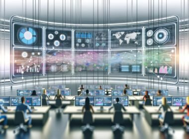 Futuristisches Kontrollzentrum im Stil von 2025 mit großen Dashboards, Datenströmen und Menschen an modernen Arbeitsplätzen im Online-Marketing.