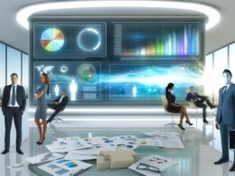 Futuristisches, minimalistisches Büro mit modernem Dashboard, farbigen Datenströmen und diversen Teammitgliedern vor High-Tech-Kulisse.