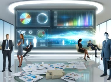 Futuristisches, minimalistisches Büro mit modernem Dashboard, farbigen Datenströmen und diversen Teammitgliedern vor High-Tech-Kulisse.