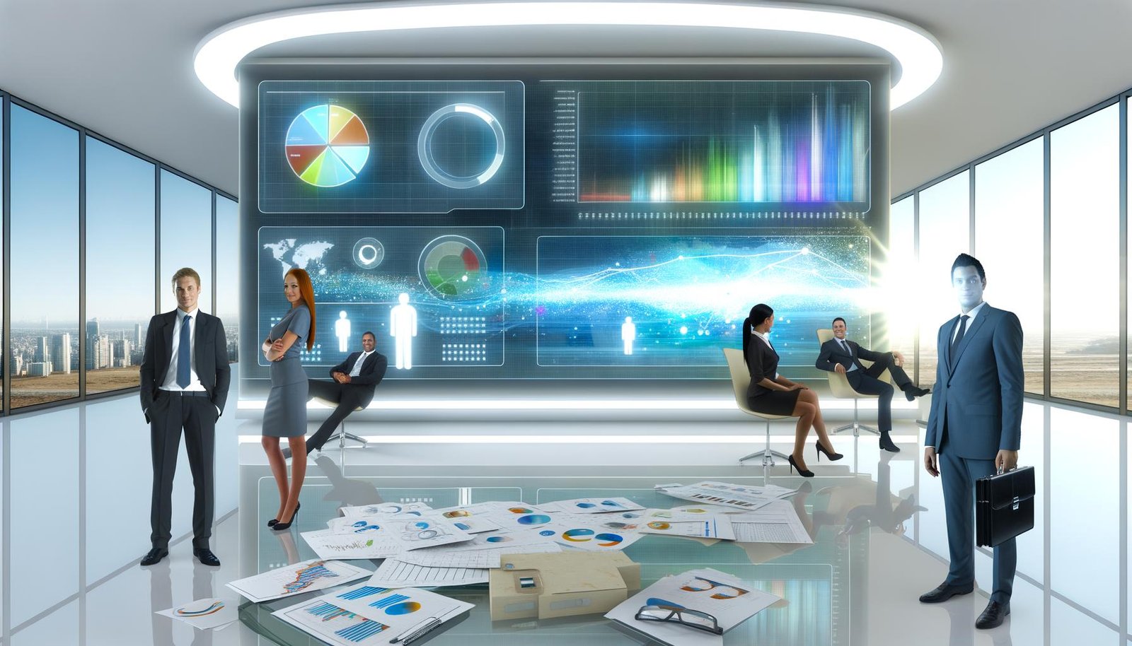 Futuristisches, minimalistisches Büro mit modernem Dashboard, farbigen Datenströmen und diversen Teammitgliedern vor High-Tech-Kulisse.
