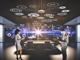 Zwei Marketer analysieren Daten vor digitalen Dashboards mit Marketing-KPIs wie CLV, CPA und Conversion Rates in einem modernen Büro.