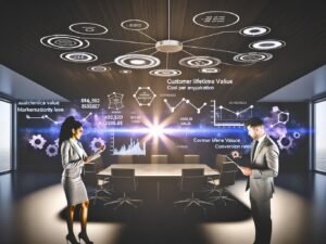 Zwei Marketer analysieren Daten vor digitalen Dashboards mit Marketing-KPIs wie CLV, CPA und Conversion Rates in einem modernen Büro.