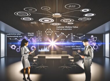 Zwei Marketer analysieren Daten vor digitalen Dashboards mit Marketing-KPIs wie CLV, CPA und Conversion Rates in einem modernen Büro.