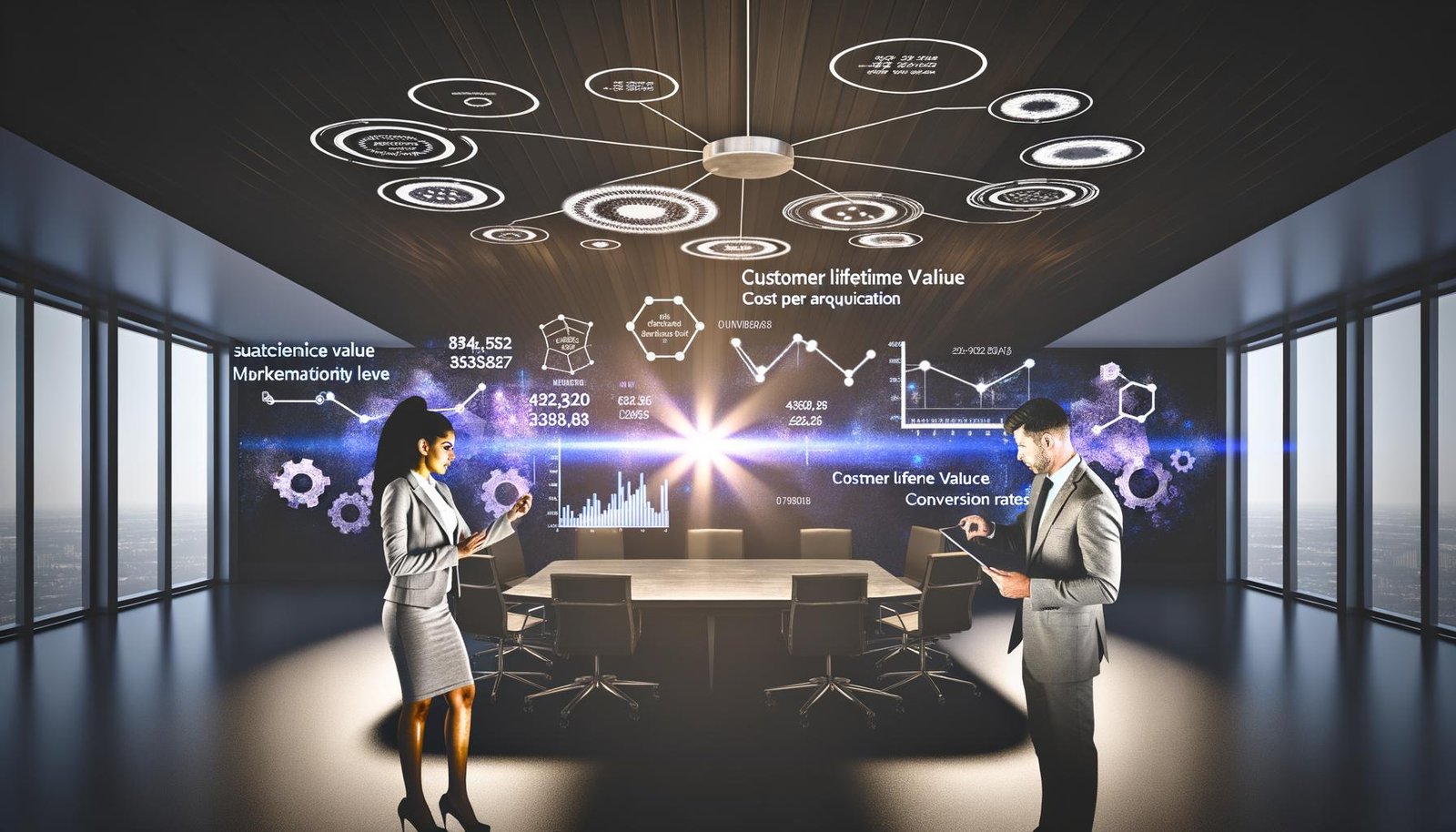 Zwei Marketer analysieren Daten vor digitalen Dashboards mit Marketing-KPIs wie CLV, CPA und Conversion Rates in einem modernen Büro.