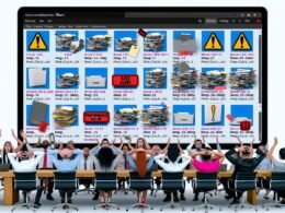 Frustriertes Team vor chaotischer, überladener WordPress-Mediathek mit zahlreichen unsortierten Bild- und Dateivorschauen, Metadaten-Symbolen und Warnungen über Dateichaos.