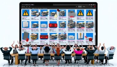 Frustriertes Team vor chaotischer, überladener WordPress-Mediathek mit zahlreichen unsortierten Bild- und Dateivorschauen, Metadaten-Symbolen und Warnungen über Dateichaos.
