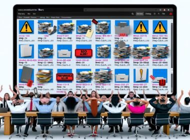 Frustriertes Team vor chaotischer, überladener WordPress-Mediathek mit zahlreichen unsortierten Bild- und Dateivorschauen, Metadaten-Symbolen und Warnungen über Dateichaos.