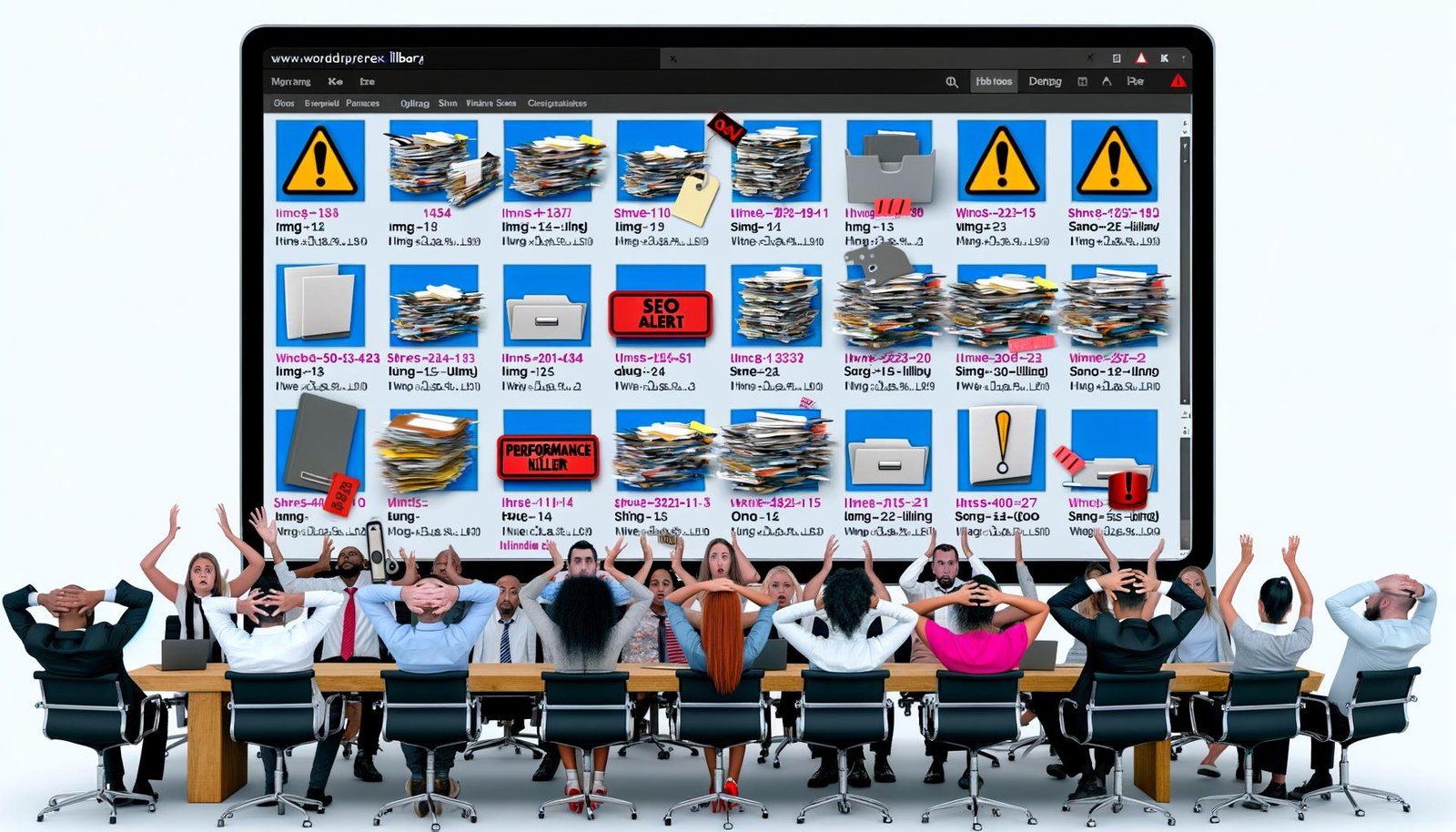 Frustriertes Team vor chaotischer, überladener WordPress-Mediathek mit zahlreichen unsortierten Bild- und Dateivorschauen, Metadaten-Symbolen und Warnungen über Dateichaos.
