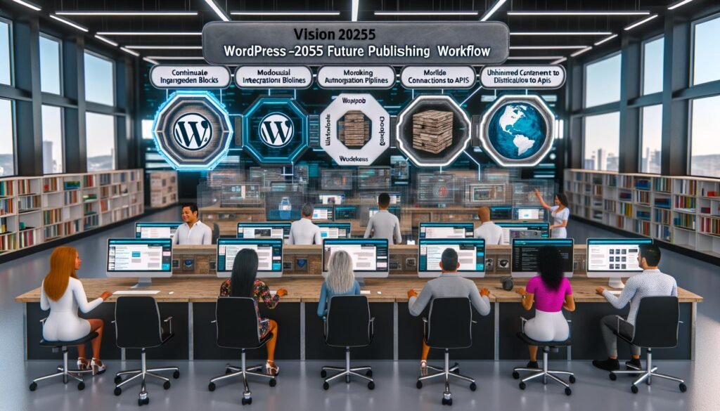 Futuristisches Büro mit multikulturellem Redaktionsteam, das an digitalen Displays und holografischen Workflows für die WordPress-Zukunft arbeitet.