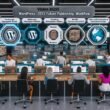 Futuristisches Büro mit multikulturellem Redaktionsteam, das an digitalen Displays und holografischen Workflows für die WordPress-Zukunft arbeitet.